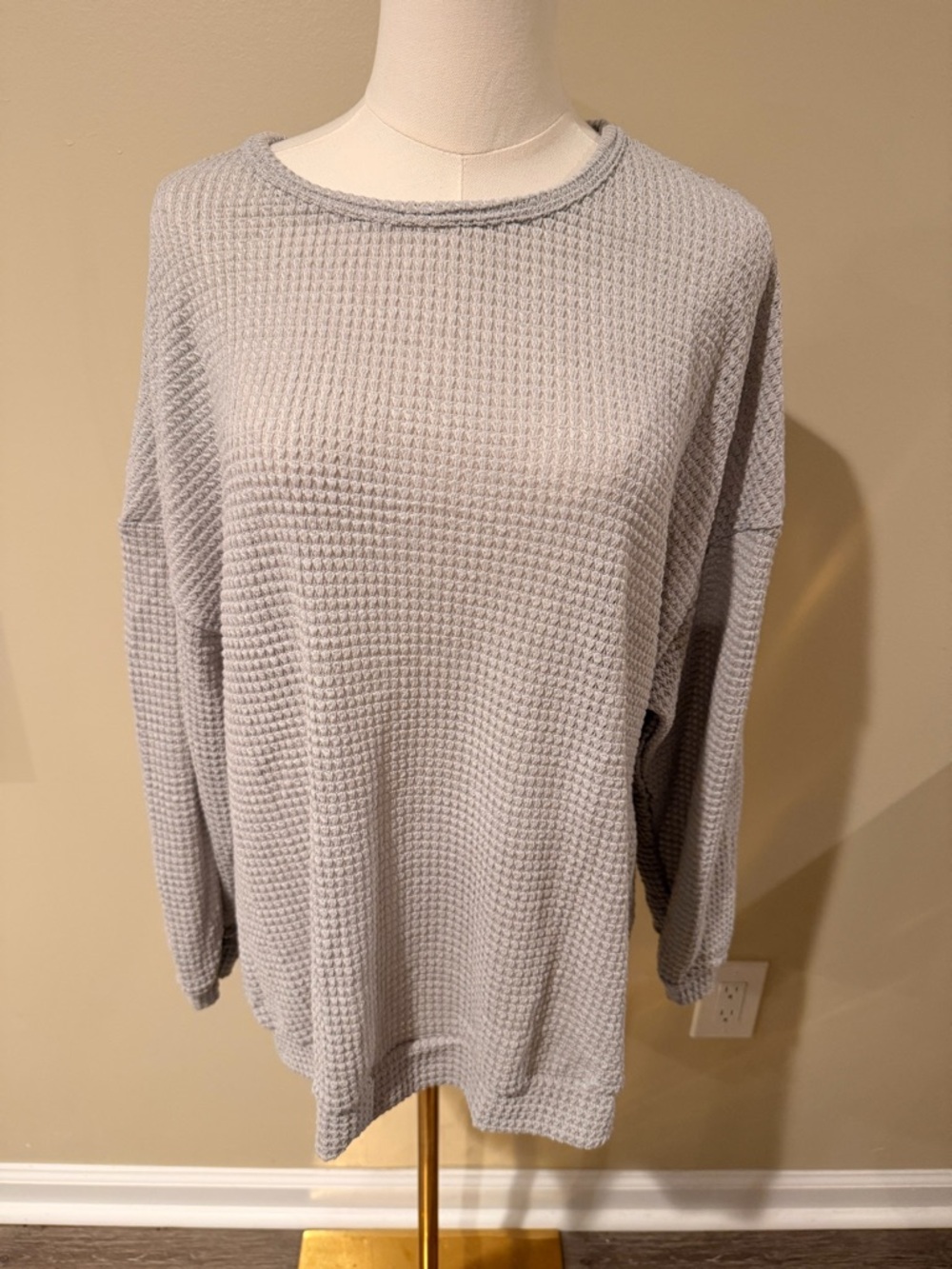 Light Gray Waffle Knit Long Sleeve Top